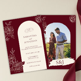 Convite Deep Burgundy Floral Arch Photo Back Wedding