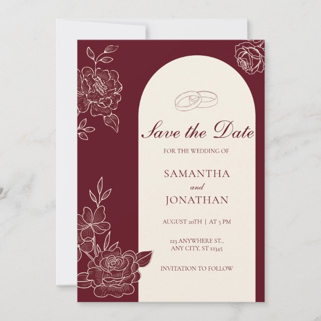 Convite Deep Burgundy Floral Arch Wedding Save the Date (Frente)