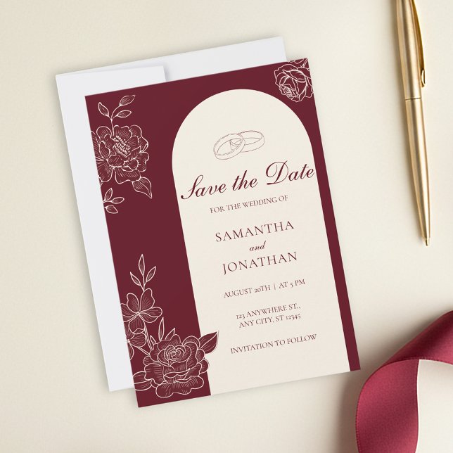 Convite Deep Burgundy Floral Arch Wedding Save the Date (Deep Burgundy Floral Line Art with Ivory Arch with Photo Back Save the Date Wedding Card)