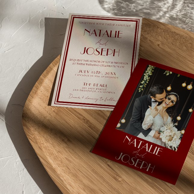 Convite Deep Burgundy Ivory Old Money Retro Photo Wedding (Criador carregado)