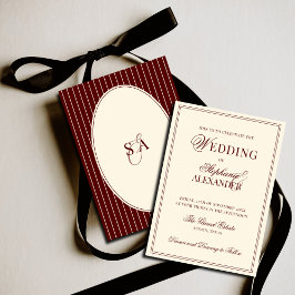 Convite Deep Burgundy Ivory Stripe Oval Old Money Wedding 