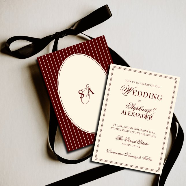 Convite Deep Burgundy Ivory Stripe Oval Old Money Wedding  (Criador carregado)