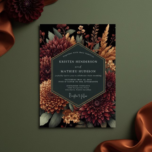 Convite Deep Burgundy Moody Bloom Wedding (Criador carregado)