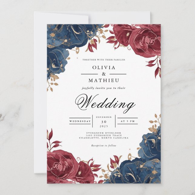 Convite Deep Burgundy & Navy Floral Arch Wedding (Frente)