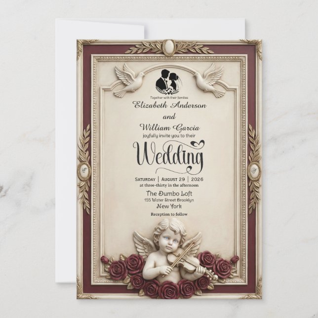 Convite Deep Burgundy Rose & Cherub Vintage Wedding (Frente)