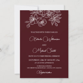 Convite Deep Burgundy White Floral Line Art | Wedding