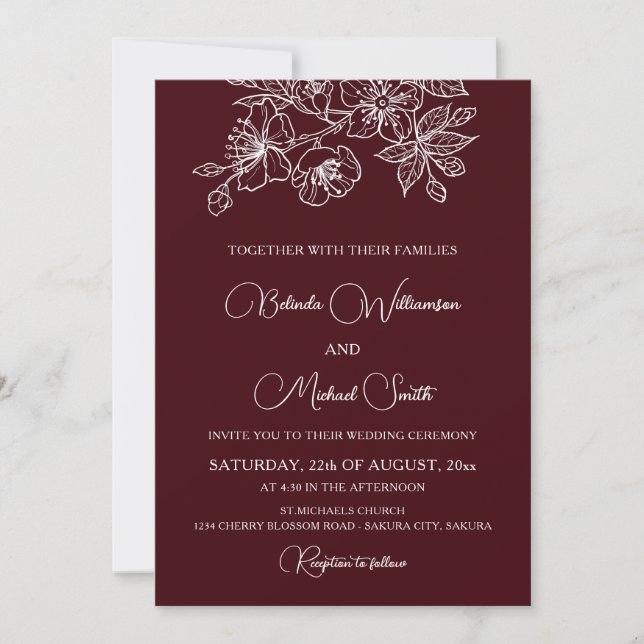 Convite Deep Burgundy White Floral Line Art | Wedding (Frente)