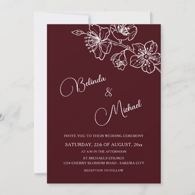 Convite Deep Burgundy White Floral | Photo Wedding (Frente)