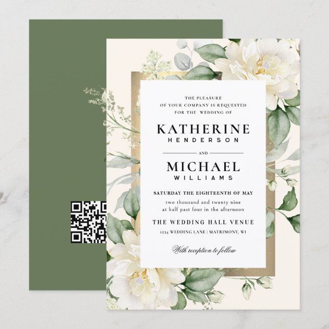 Convite Deep Eucalyptus Rose Ivory&Gold Quadro de Casament (Frente/Verso)