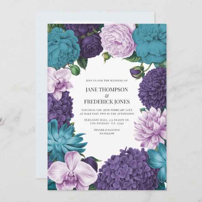 Convite Deep Marine, Slate Orchid & Cloud Lilac Wedding (Frente/Verso)