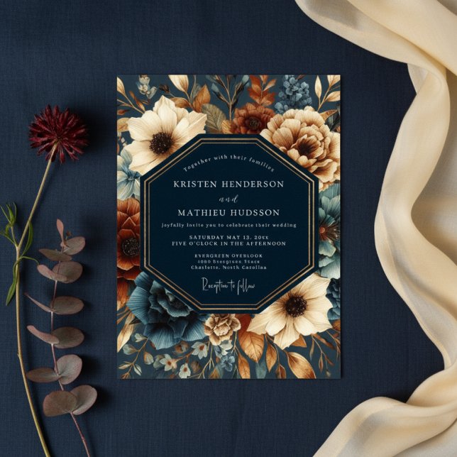 Convite Deep Navy Autumn Bloom Wedding (Criador carregado)