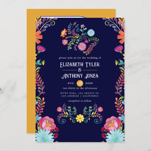 Convite Deep Navy & Marigold Floral Mexican Fiesta Wedding (Frente/Verso)