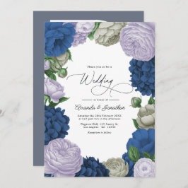 Convite Deep Navy, Soft Lilac & Cloud Gray Floral Wedding