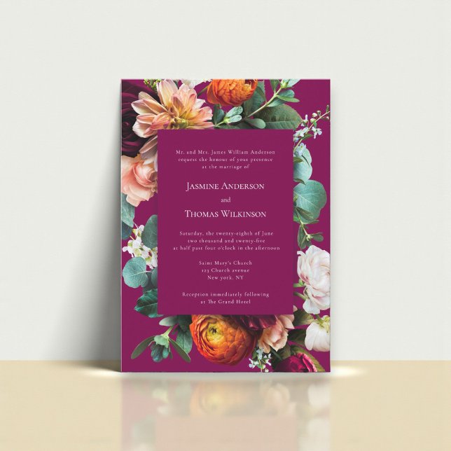 Convite Deep Pink Floral Botanical Wedding Invitation (Criador carregado)