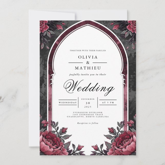 Convite Deep Plum Floral Archway Wedding (Frente)