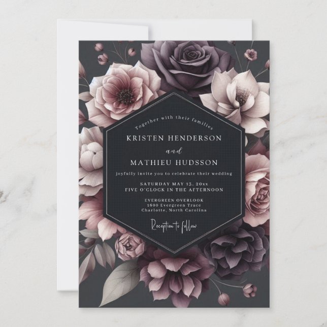 Convite Deep Plum Floral Moody Romance Wedding (Frente)