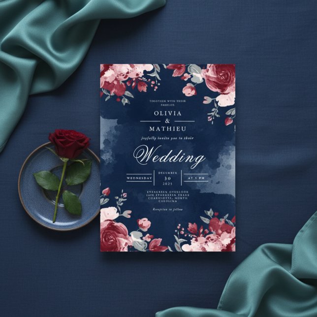 Convite Deep Plum Floral Watercolour Wedding (Criador carregado)