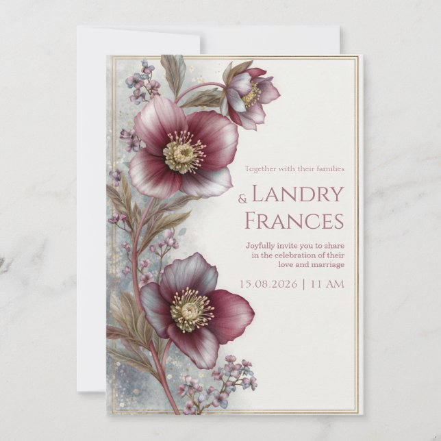 Convite Deep Plum Hellebore Gold Glitter Frame Wedding (Frente)