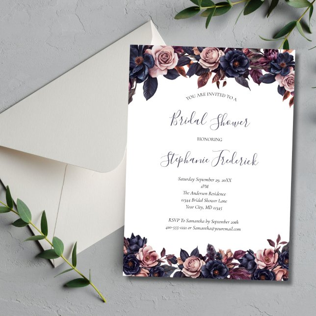 Convite Deep Purple Dusty Rose Moody Florals Chá de Noiva (Deep Floral Dusty Rose Moody Watercolor Florals Bridal Shower Invitation)
