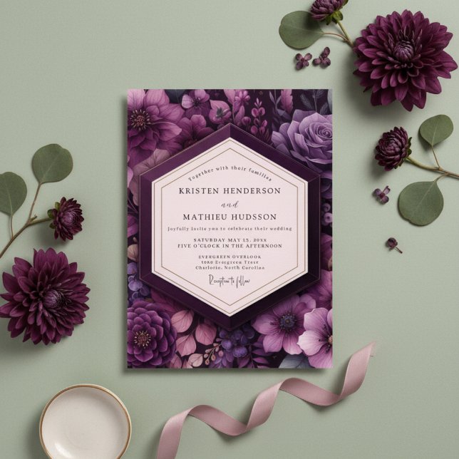 Convite Deep Purple Floral Romance Wedding (Criador carregado)