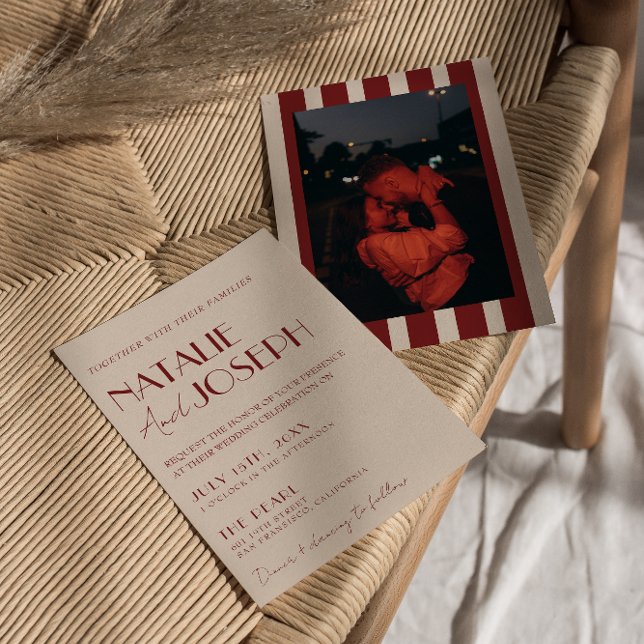 Convite Deep Red Blue Whimsical Modern Photo Wedding (Criador carregado)