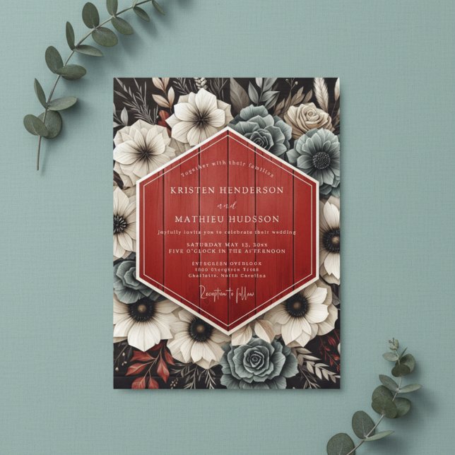 Convite Deep Red Botanical Opulent Wedding (Criador carregado)