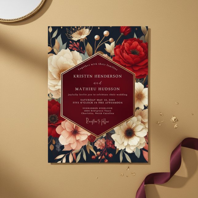 Convite Deep Red Botanical Opulent Wedding (Criador carregado)