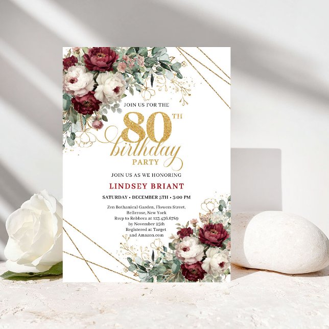 Convite Deep Red Burgundy Flowers Eucalyptus 80th Birthday (Deep Red Burgundy Flowers Eucalyptus 80th Birthday)