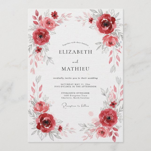 Convite Deep Red Floral Flourish Wedding (Frente)