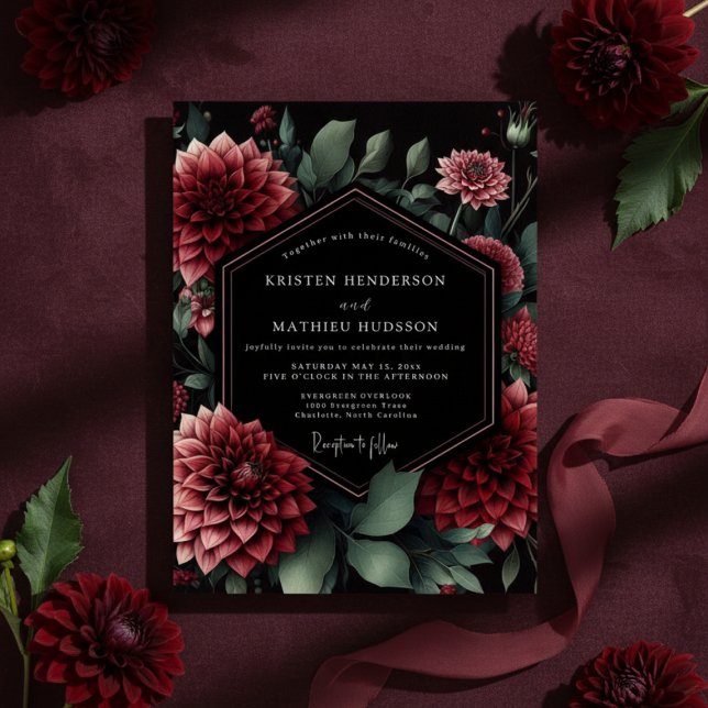 Convite Deep Red Floral Moody Wedding (Criador carregado)