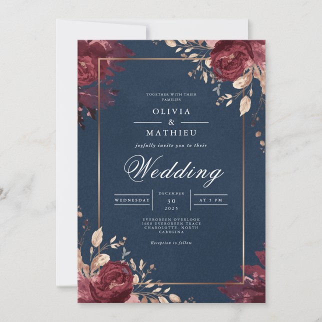 Convite Deep Red Floral Navy Border Wedding (Frente)