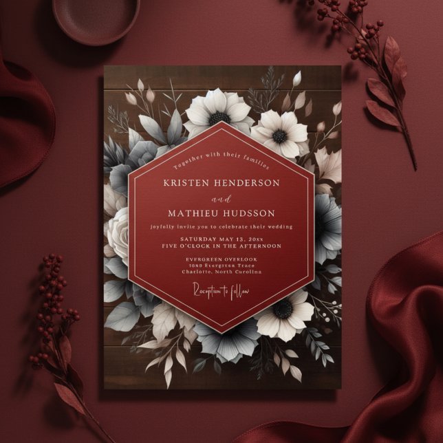 Convite Deep Red Moody Floral Wedding (Criador carregado)