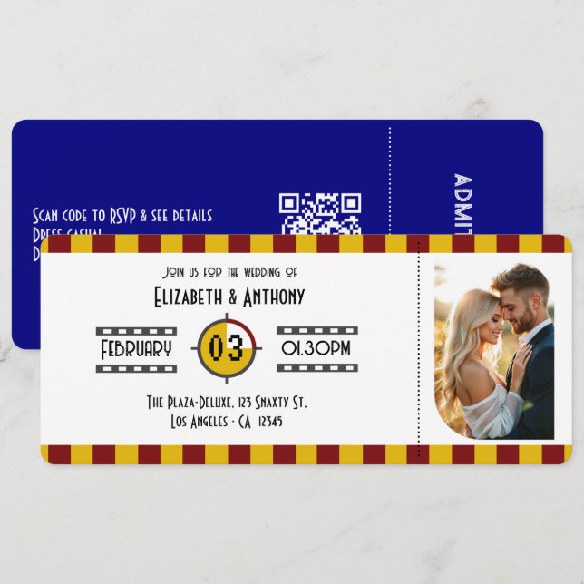Convite Deep Red, Navy Blue & Gold Cinema Ticket (Frente/Verso)
