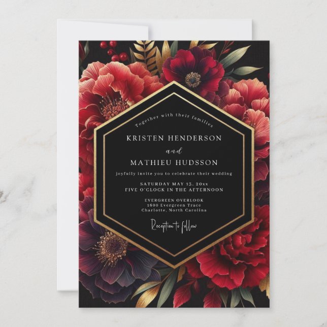 Convite Deep Red Opulent Floral Wedding (Frente)