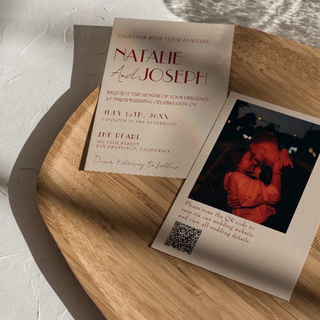 Convite Deep Red Whimsical Modern QR Code Photo Wedding (Criador carregado)