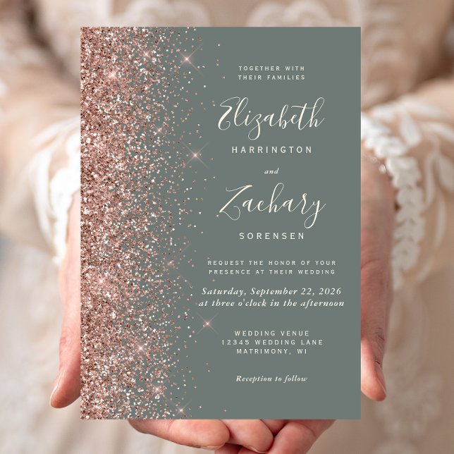 Convite Deep Sage Green Rose Gold Glitter Wedding (Criador carregado)