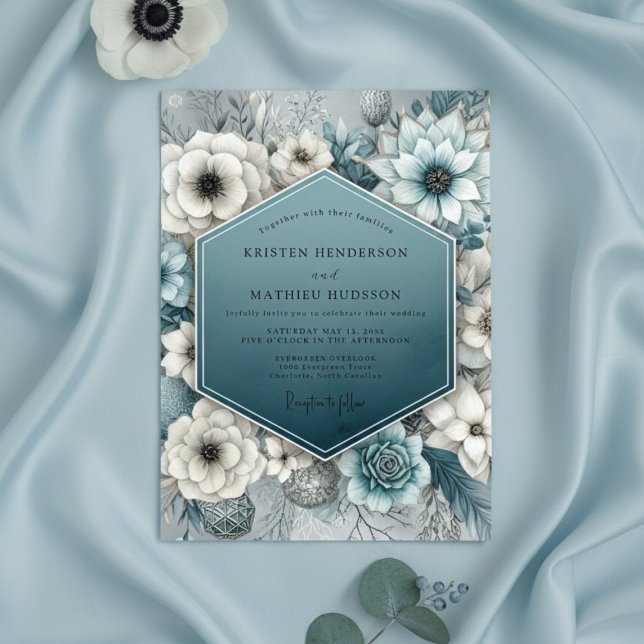 Convite Deep Teal Bloom Romance Wedding (Criador carregado)