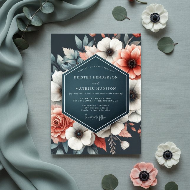 Convite Deep Teal Floral Bloom Wedding (Criador carregado)