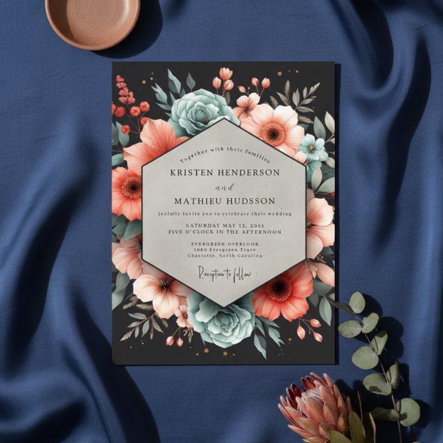 Convite Deep Teal Floral Elegance Wedding (Criador carregado)