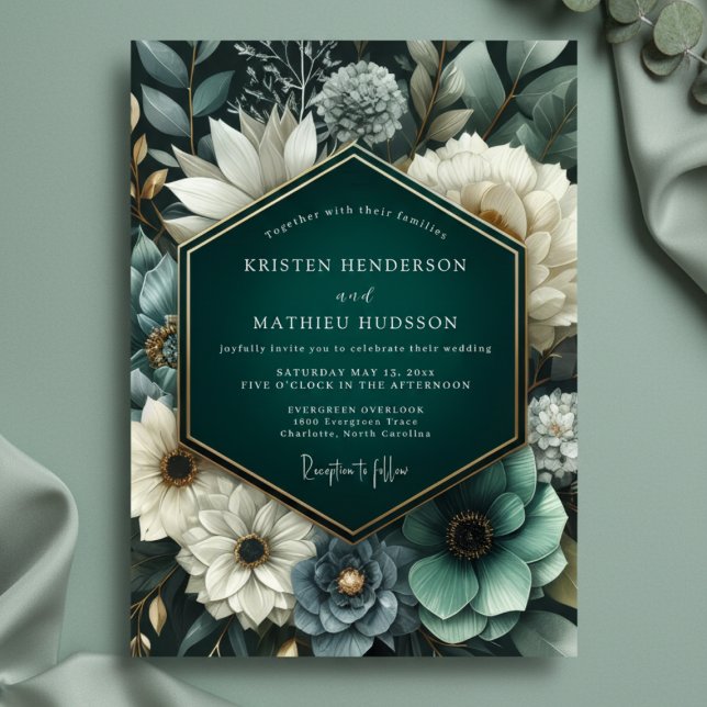Convite Deep Teal Lush Bloom Wedding (Criador carregado)