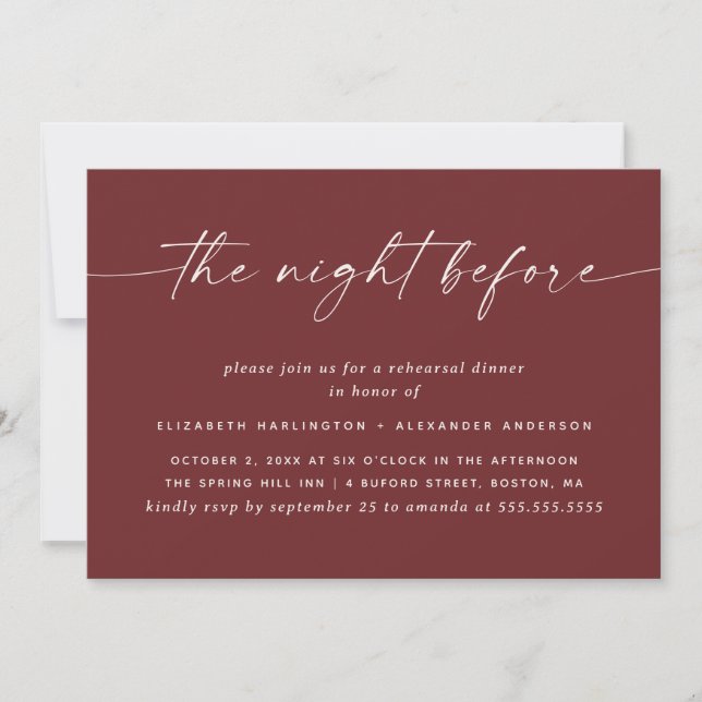 Convite Deep Wine Red Rehearsal Dinner | The Night Before (Frente)