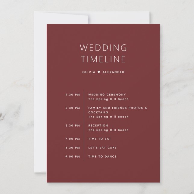 Convite Deep Wine Red Wedding Timeline. Schedule + Welcome (Verso)