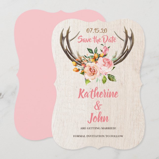 Convite Deer Antlers Blush Rustic Floral salvar a data (Frente/Verso)