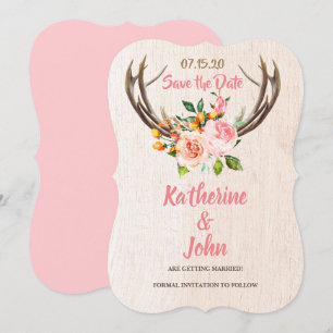 Convite Deer Antlers Blush Rustic Floral salvar a data