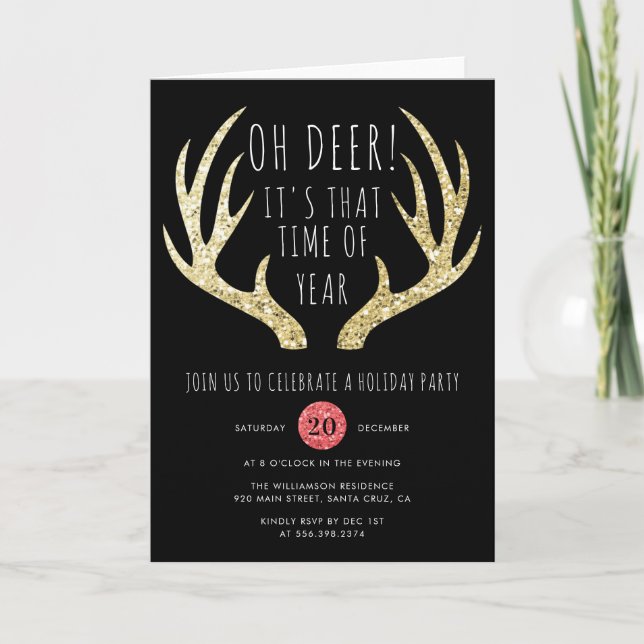 Convite Deer Antlers Gold & Black Christmas Holiday Party (Frente)