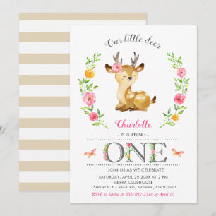 Convite Deer Baby Girl Woodland Floral 1rua Primeiro Anive