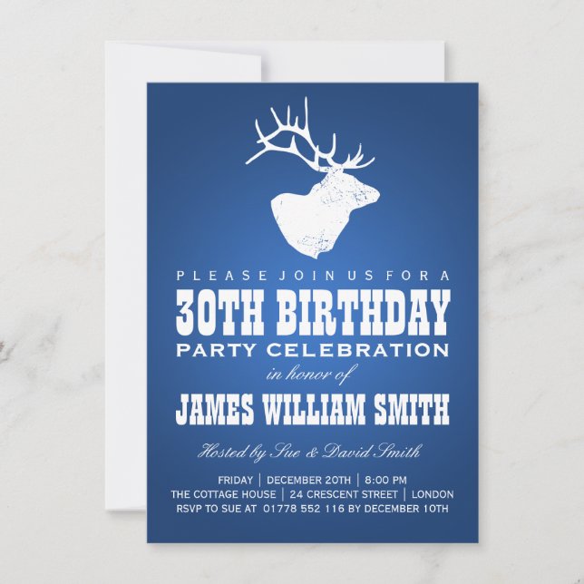Convite Deer Blue, aniversário de 30 anos moderno (Frente)