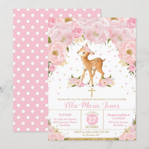 Convite Deer Blush Floral Baptism Christening Girl