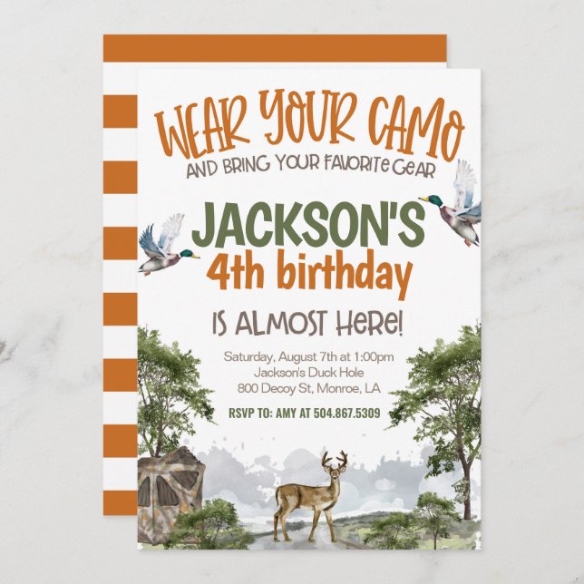 Convite Deer Hunter Camo Birthday (Frente/Verso)
