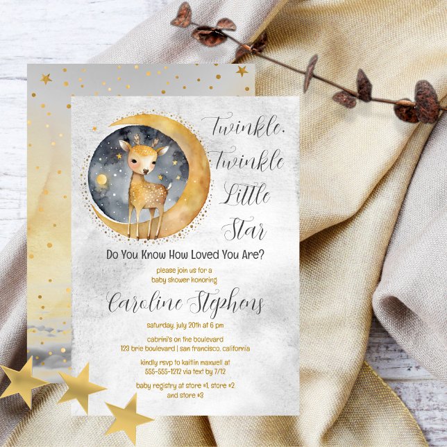 Convite Deer Twinkle Twinkle - Pequeno Chá de fraldas de E (Sweet baby deer gender neutral "Twinkle, Twinkle Little Star" Baby Shower design.)